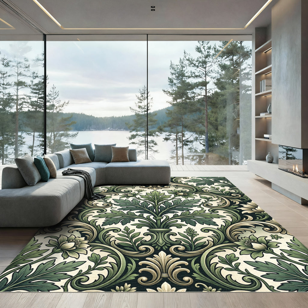 Elegant Sage Damask Scroll Leaf Illustration Rug