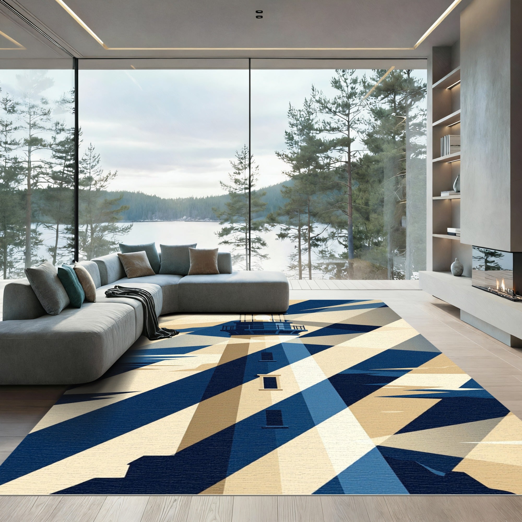 Graphic Blue and Cream Beacon Ray Rug