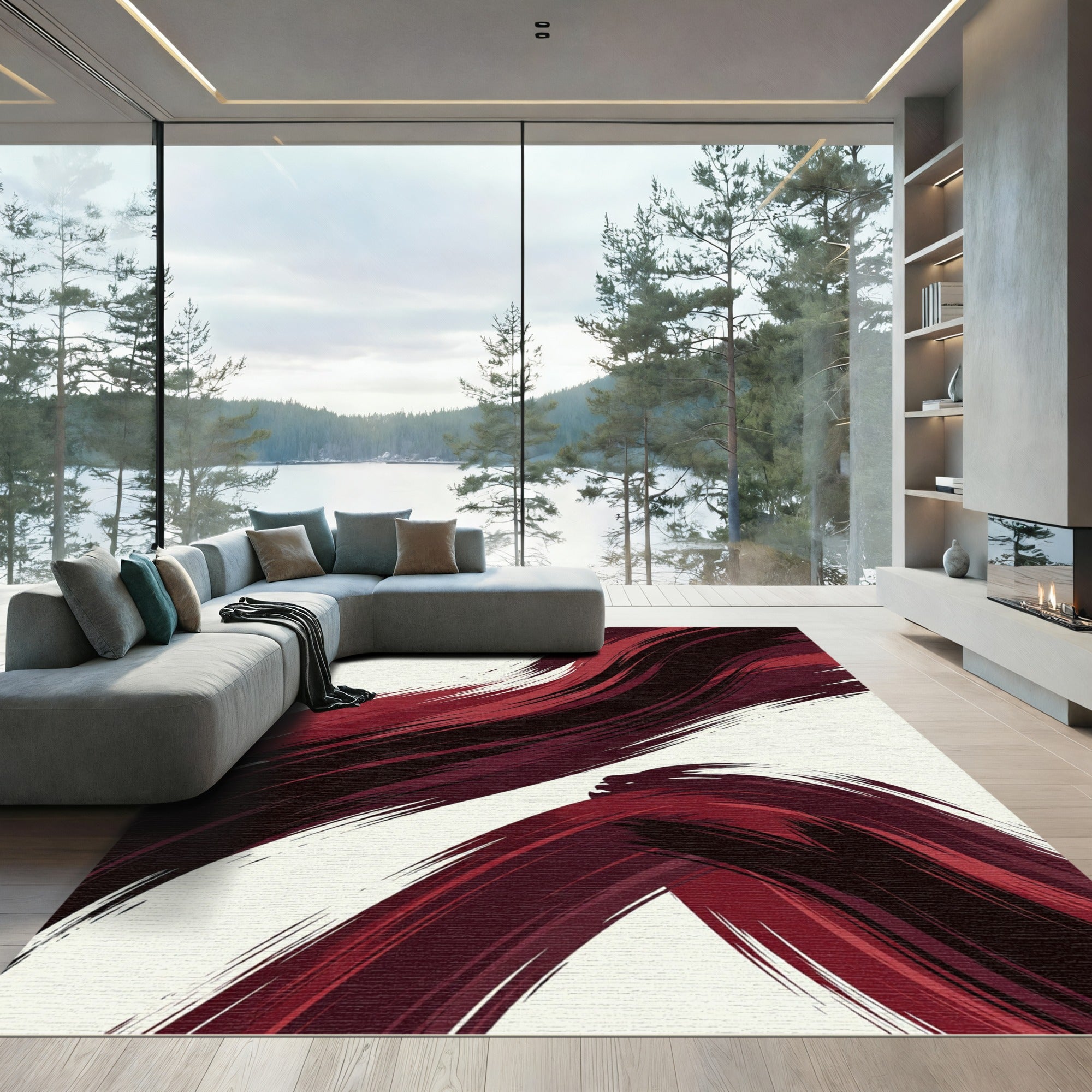 Modern Crimson Swirl Abstract Area Rug