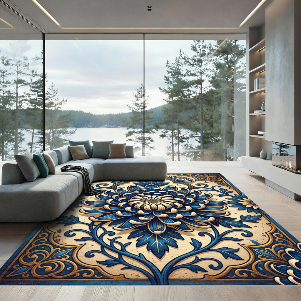 Royal Blue Golden Chrysanthemum Floral Overlay Rug