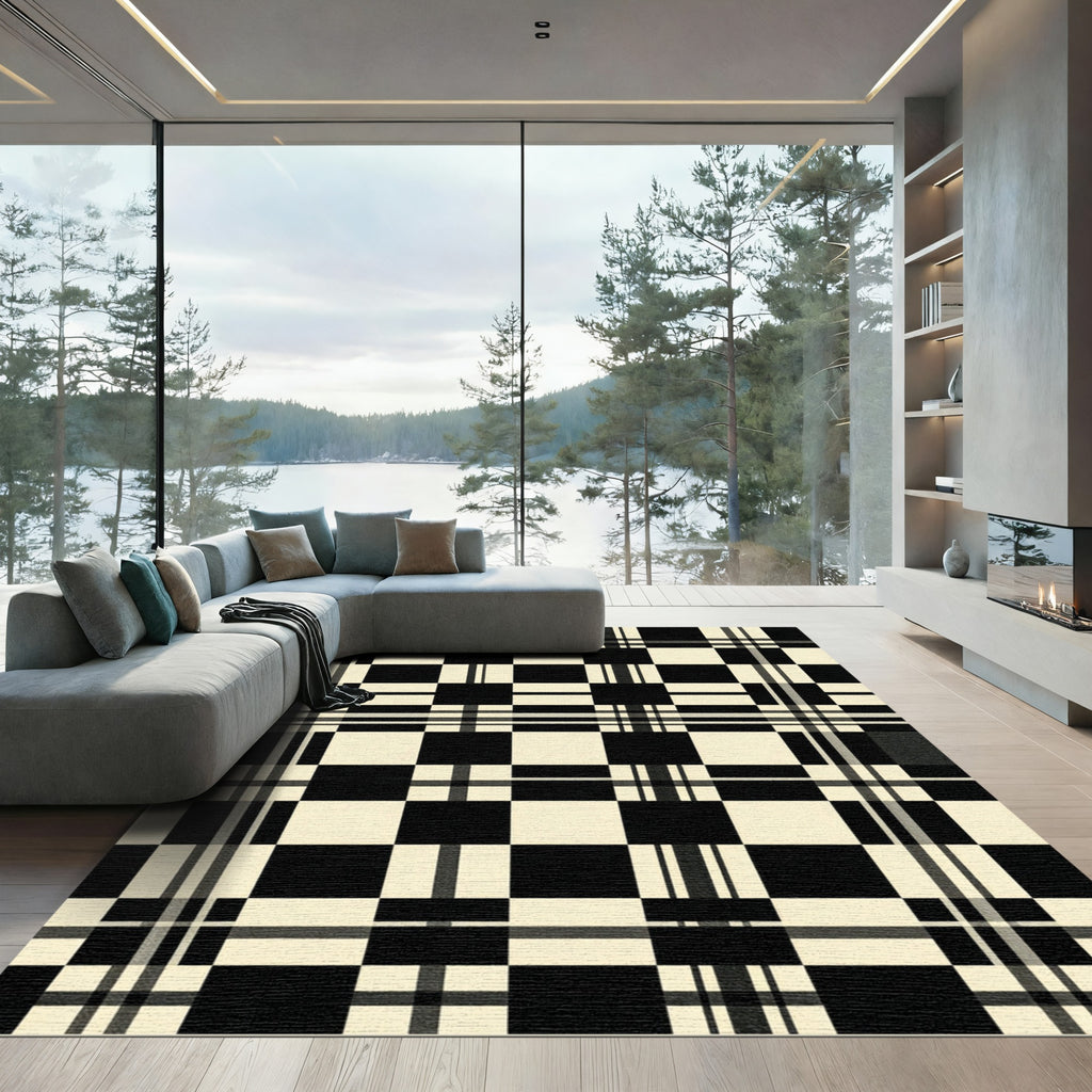 Monochrome Checkered Tartan Lines Rug