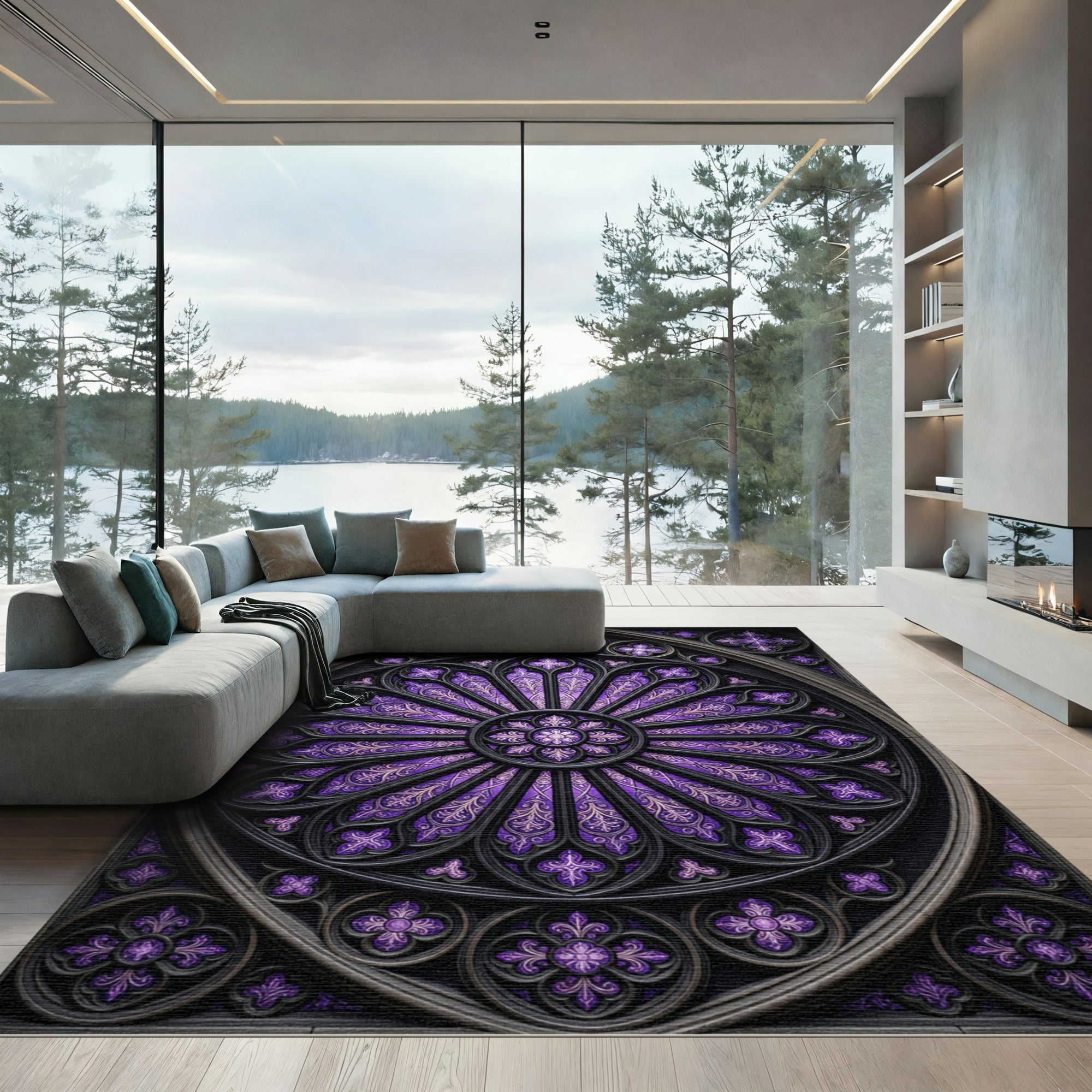 Royal Purple Gothic Rose Window Rug