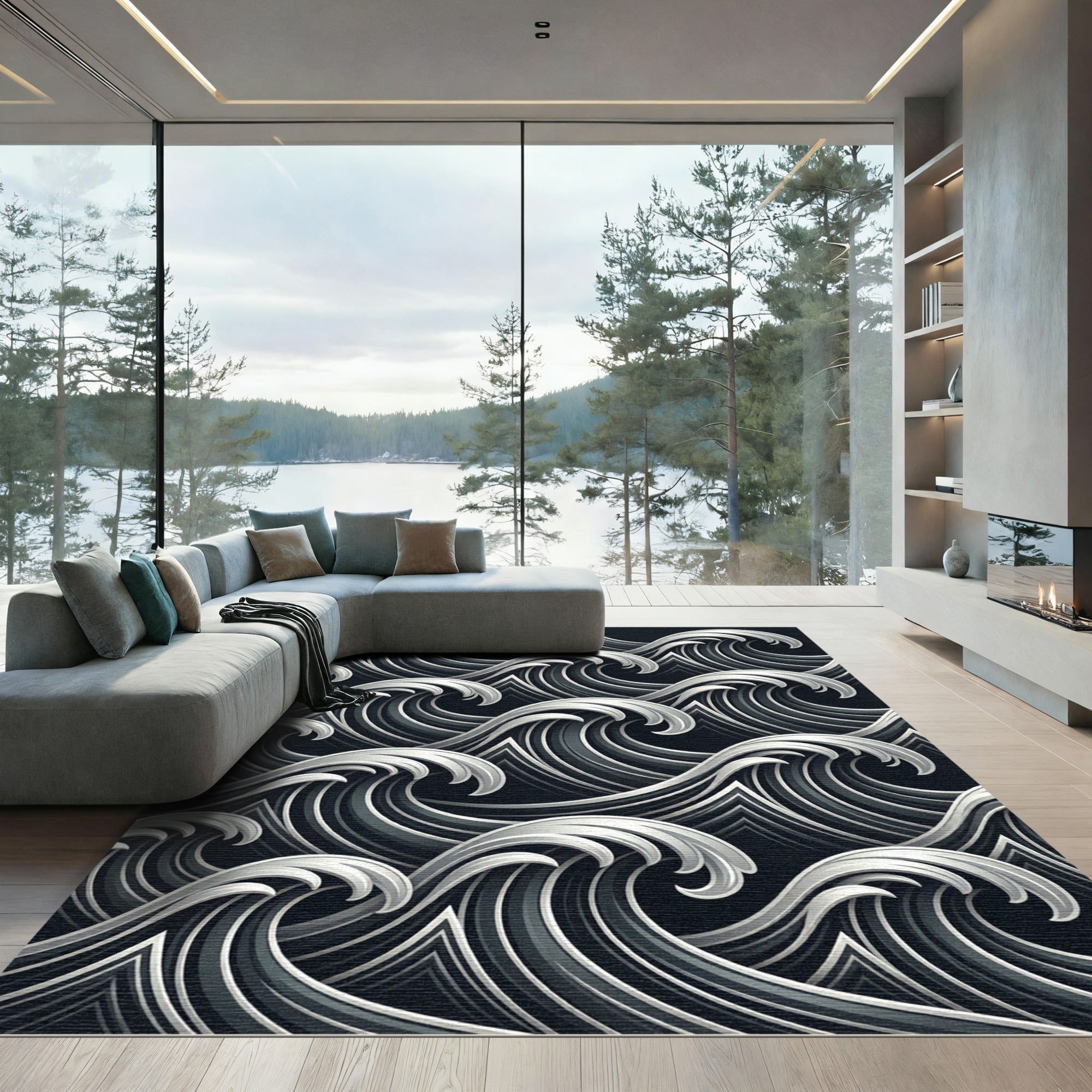 Dramatic Deep Gray Crashing Waves Rug