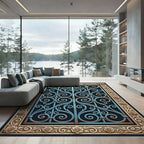 Ornate Blue Scrollwork with Golden Roses Rug