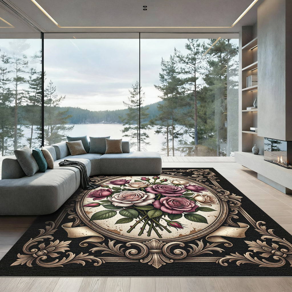 Baroque Oval Bouquet of Romantic Roses Rug
