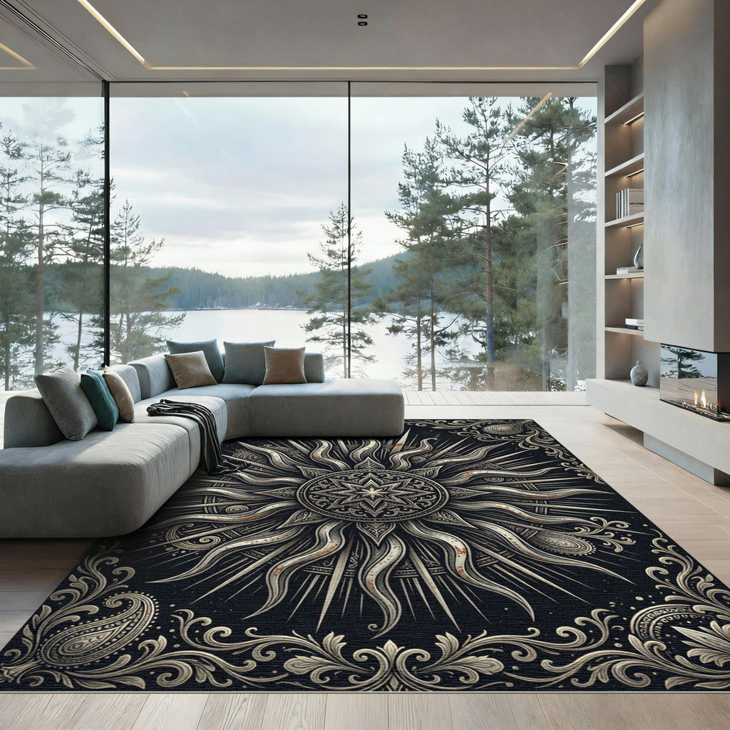 Ornate Celestial Sunburst Monochromatic Area Rug