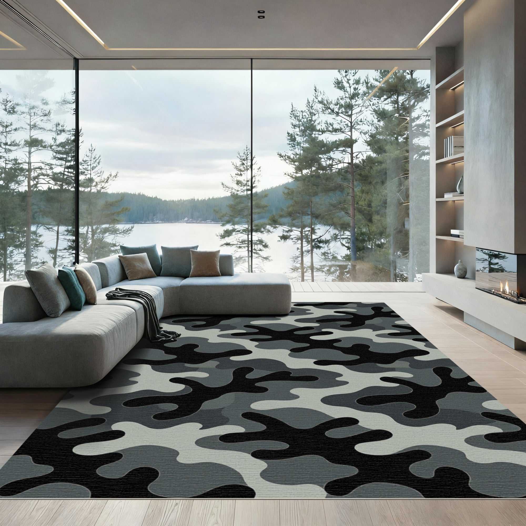 Modern Monochrome Gray Camouflage Graphics Rug