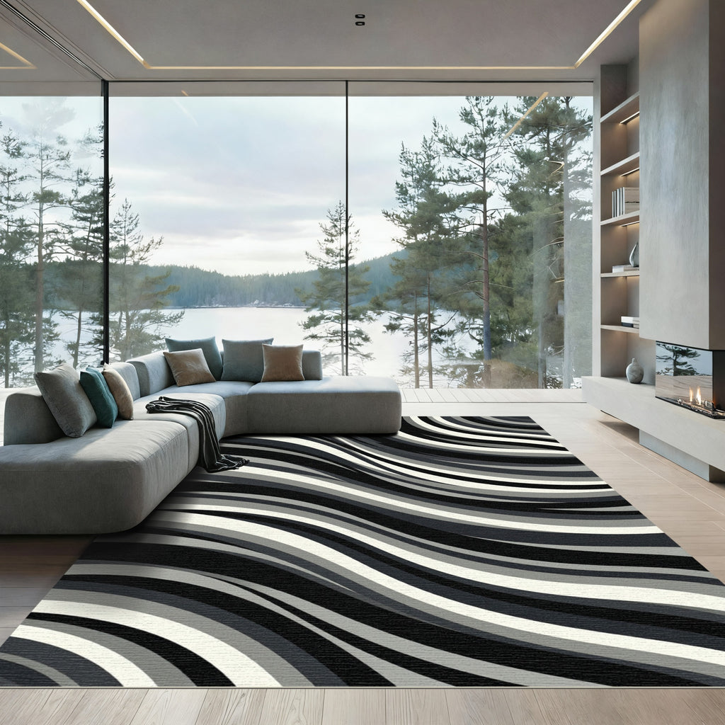 Monochrome Wavy Stripe Flow Rug