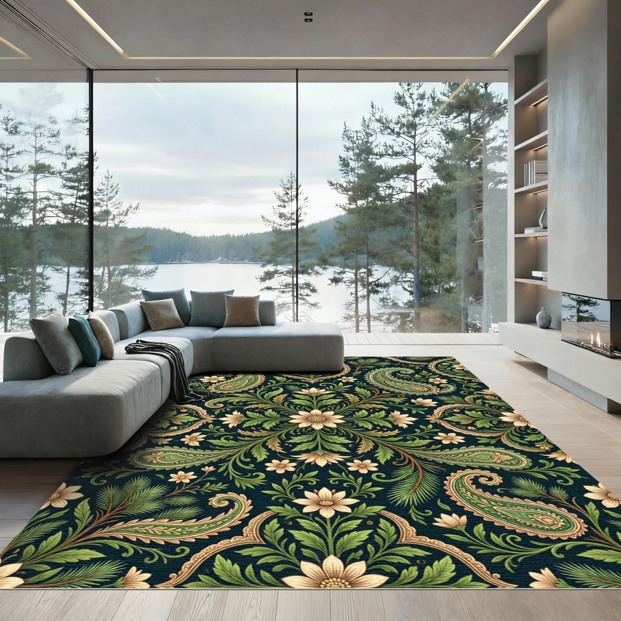 Rich Emerald Paisley Floral Scroll Rug