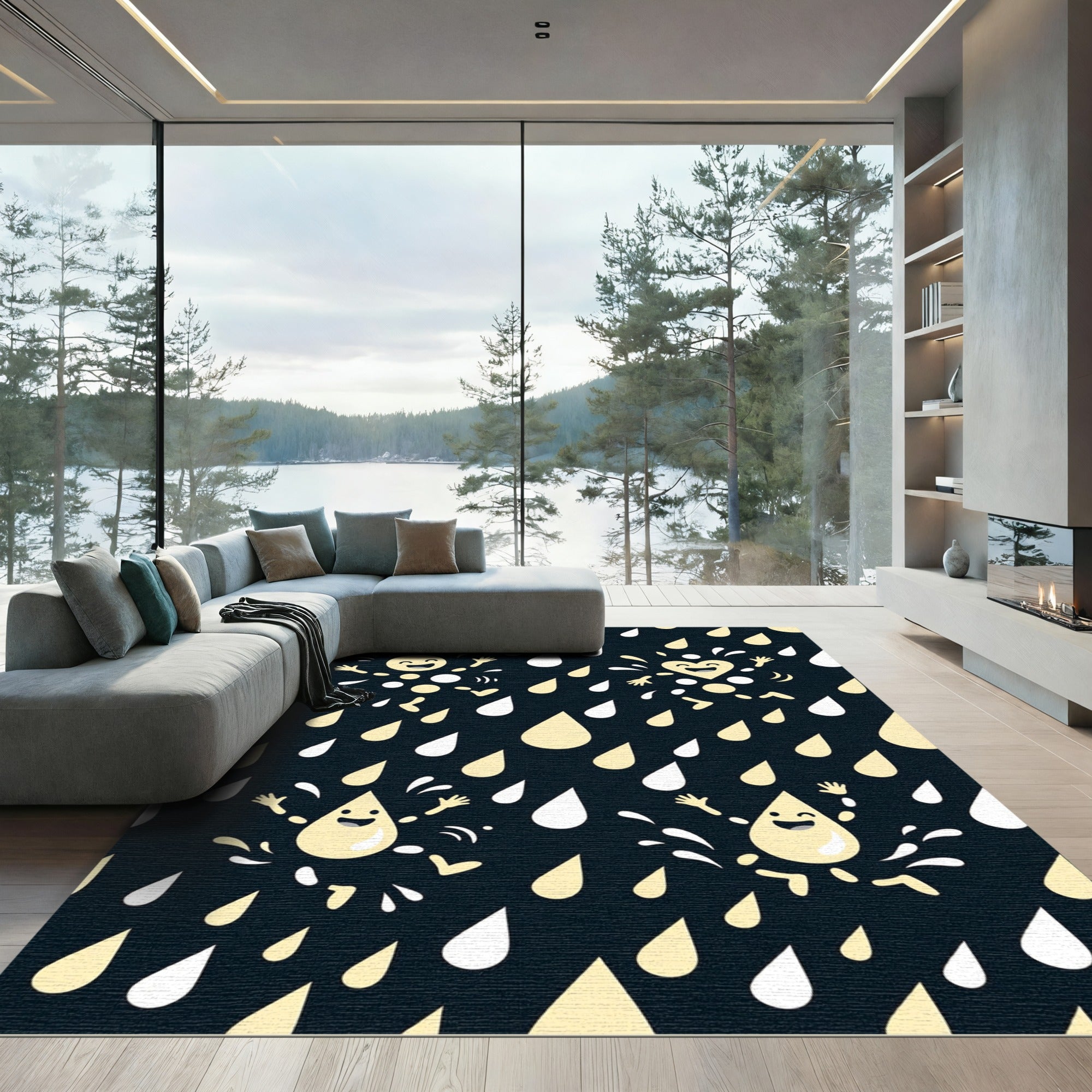 Happy Yellow Raindrops Playful Splash Rug