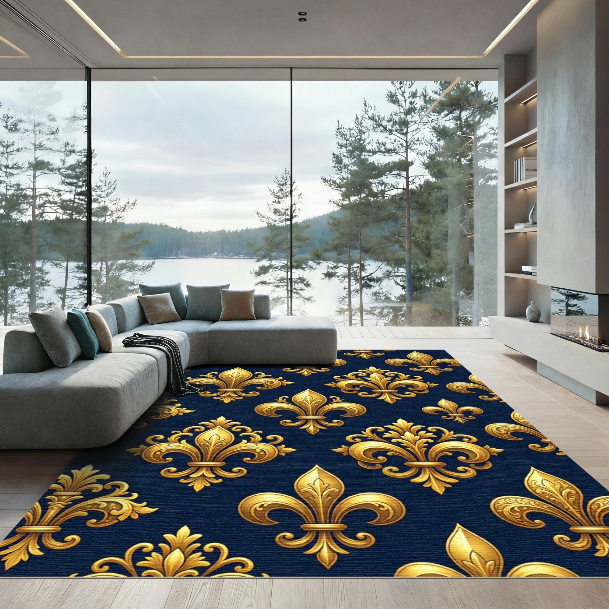 Golden Fleur de Lis Navy Wallpaper Rug