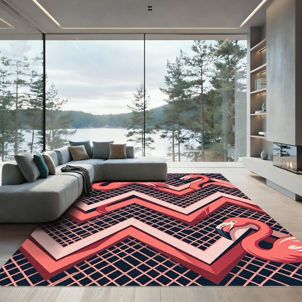 Vibrant Flamingo Geometric Zigzag Art Rug