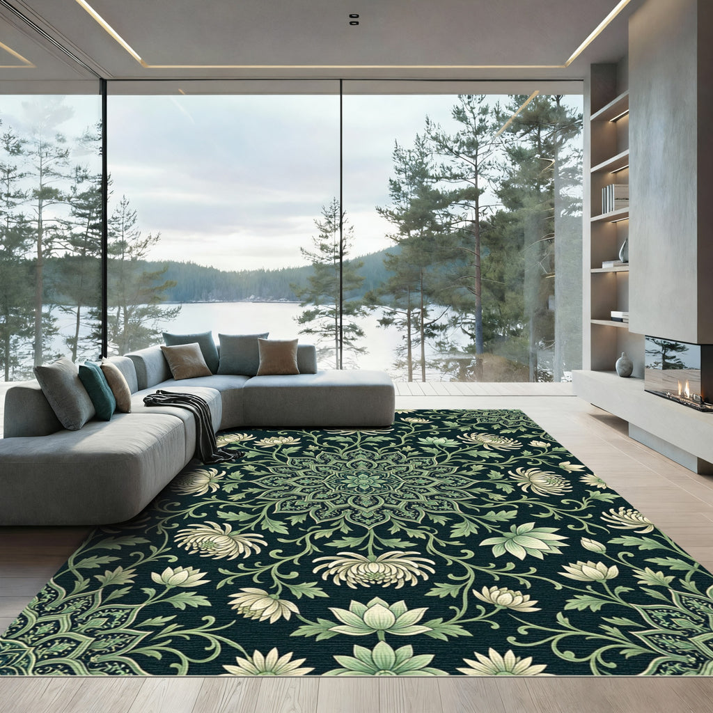 Dark Green White Floral Mandala Rug