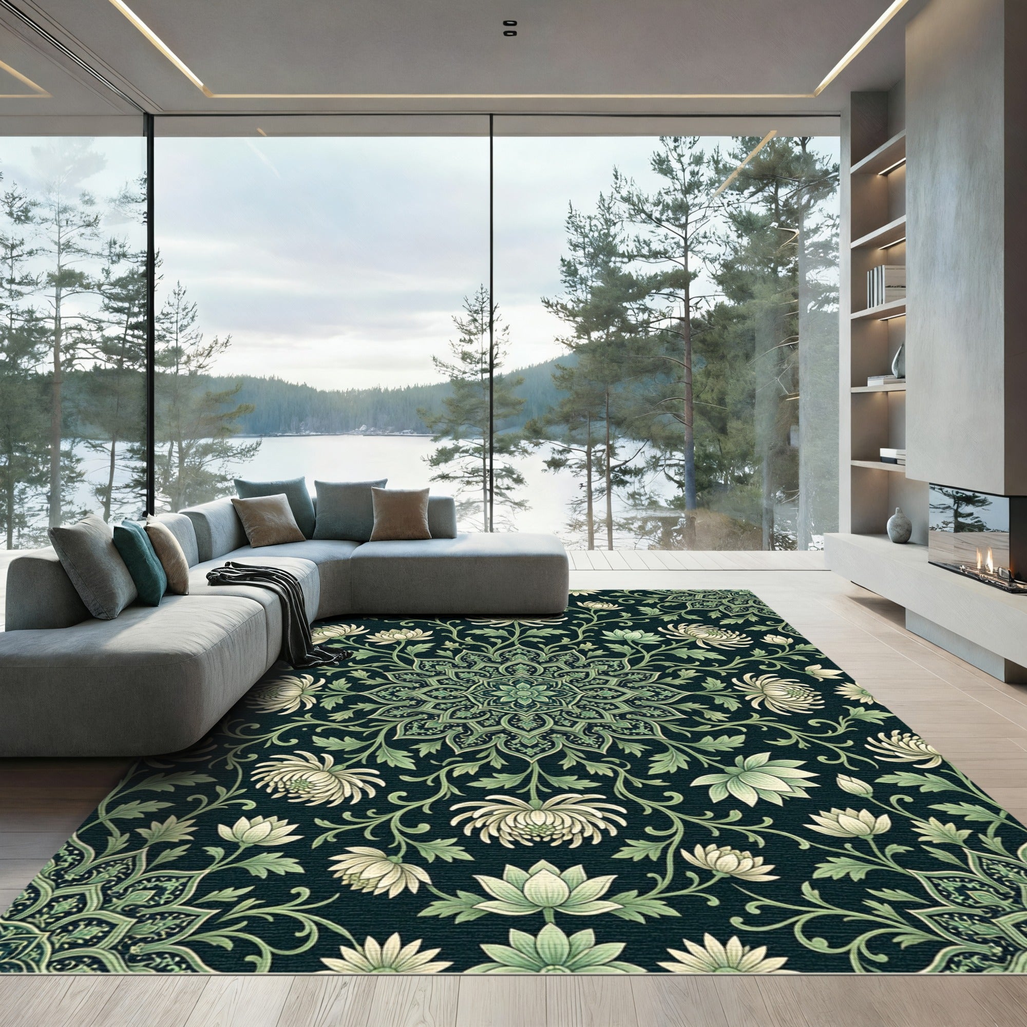 Dark Green White Floral Mandala Rug