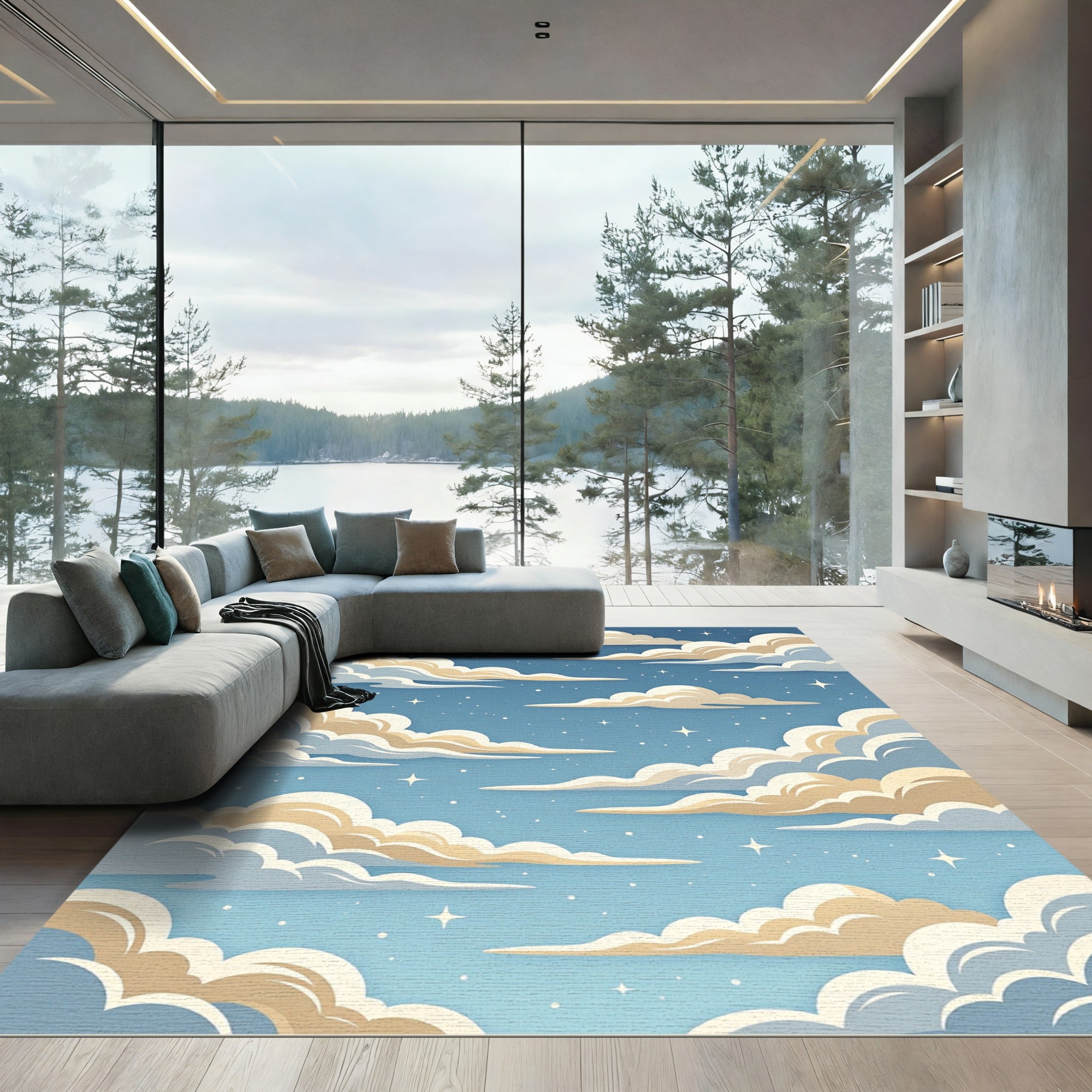 Celestial Clouds and Creamy Starry Sky Rug