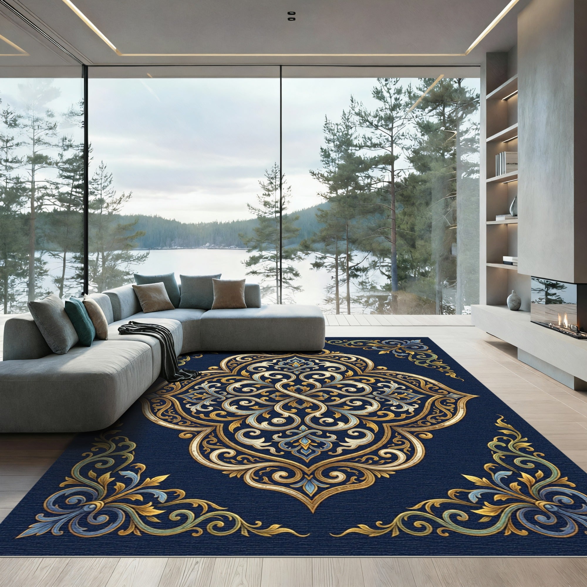 Elegant Gold Filigree Navy Medallion Rug