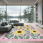 Yellow Sunflower Floral Pink Background Rug