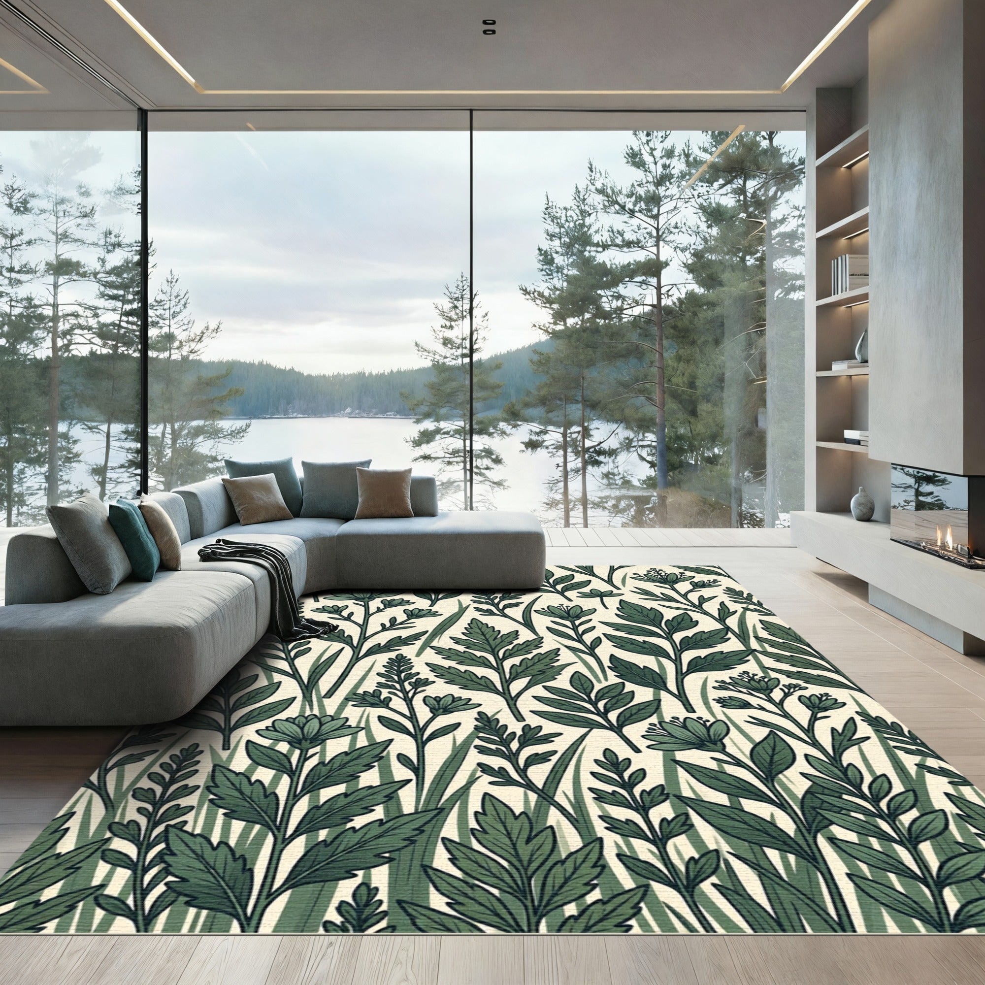 Sage Green Botanical Forest Meadow Rug