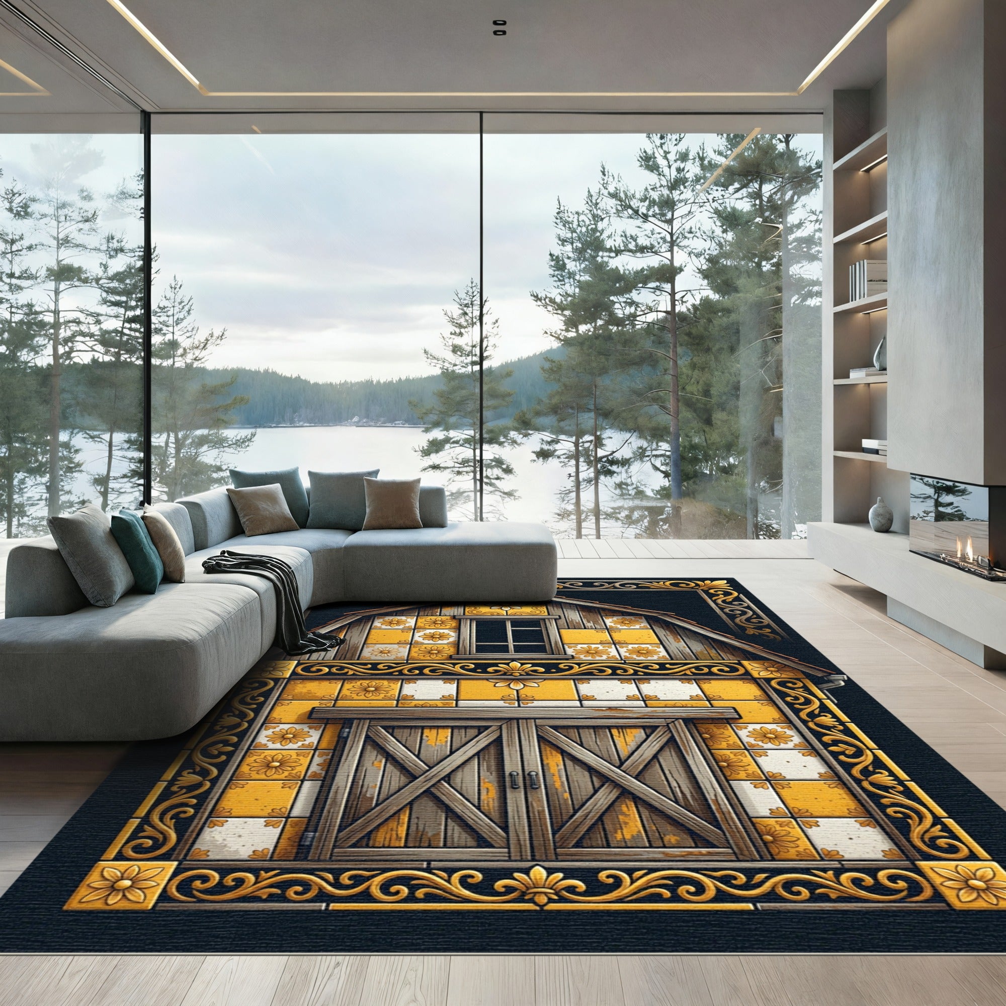 Yellow Floral Barn Tile Surround Rug