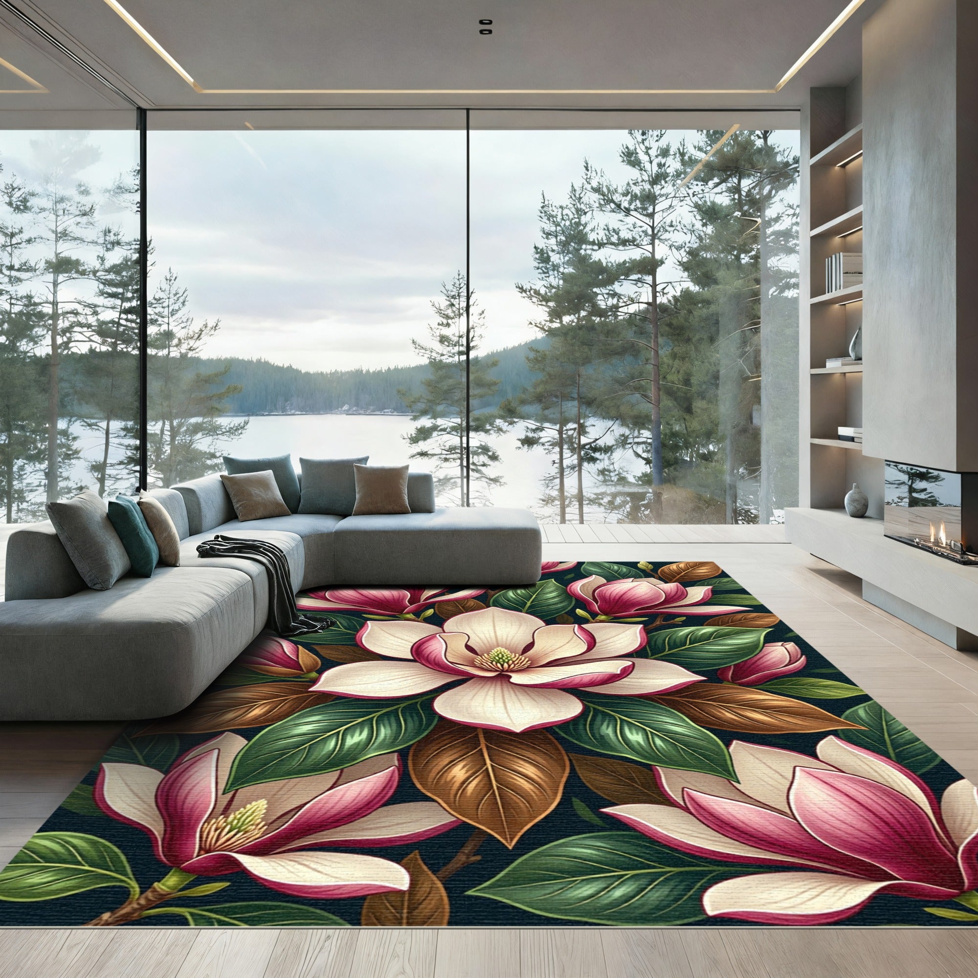 Elegant Magnolia Blossom Botanical Floral Rug
