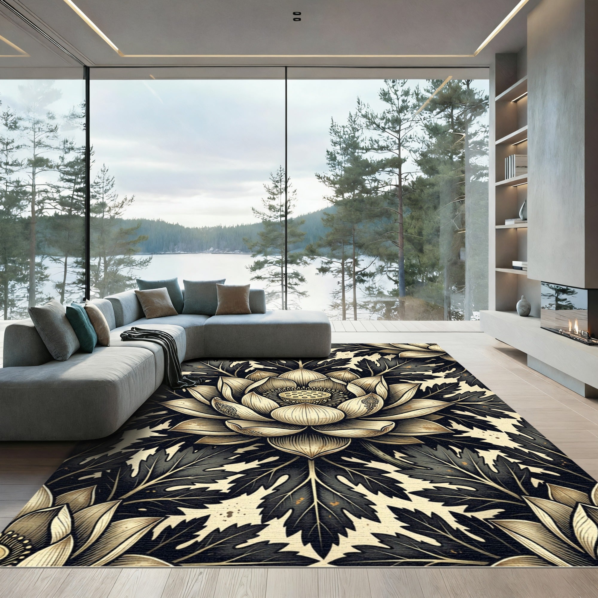 Vintage Black and Gold Lotus Medallion Rug