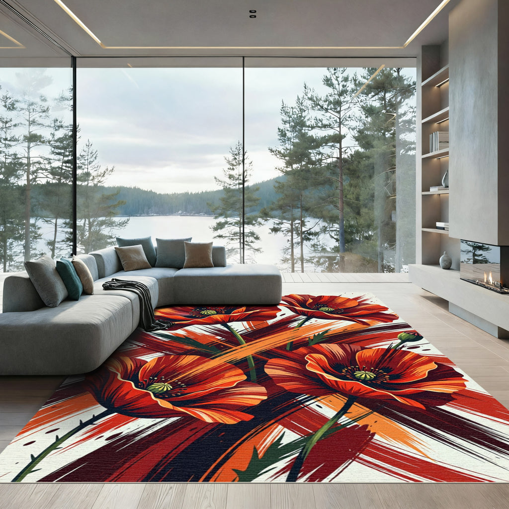 Vibrant Red Floral Abstract Brushstrokes Rug
