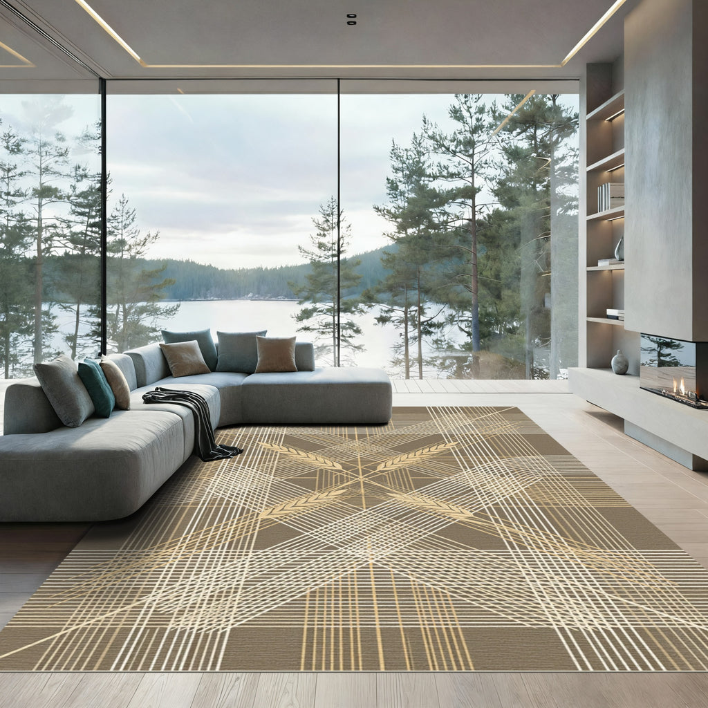 Earthy Geometric Wheat Linear Grid Rug