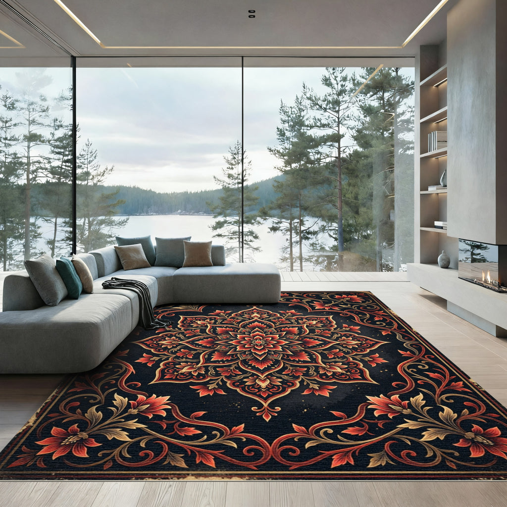 Ornate Crimson Floral Medallion Abstract Rug