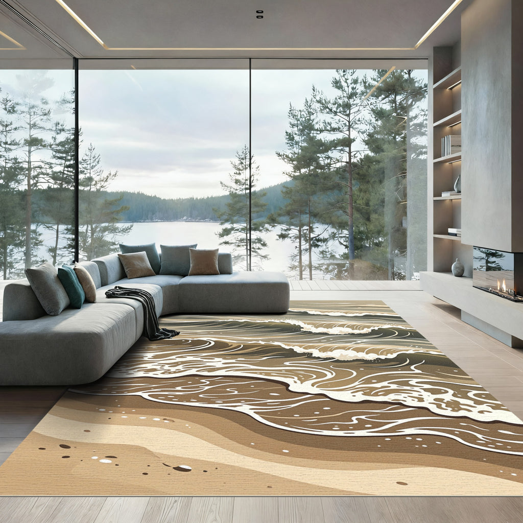 Modern Earthy Brown Abstract Ocean Wave Rug