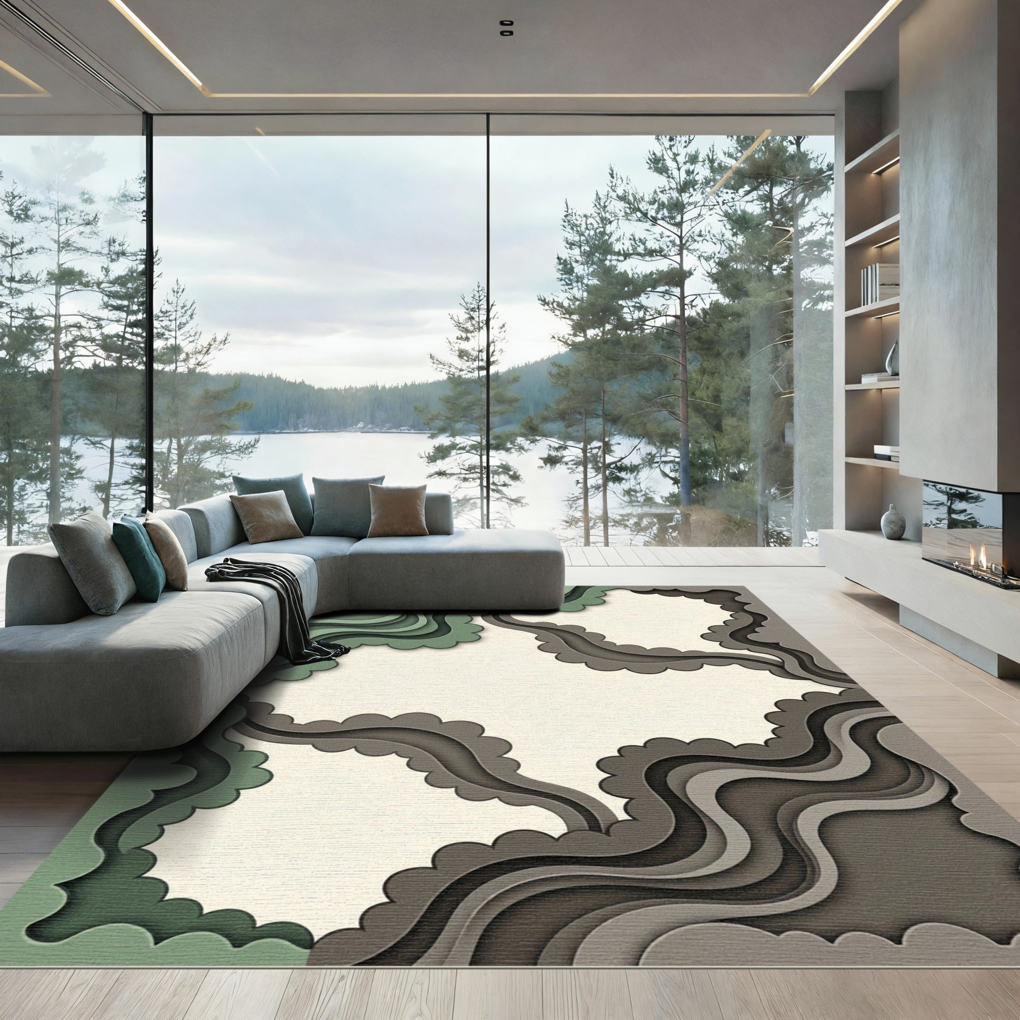 Organic Sage and Charcoal Layered Waves Rug
