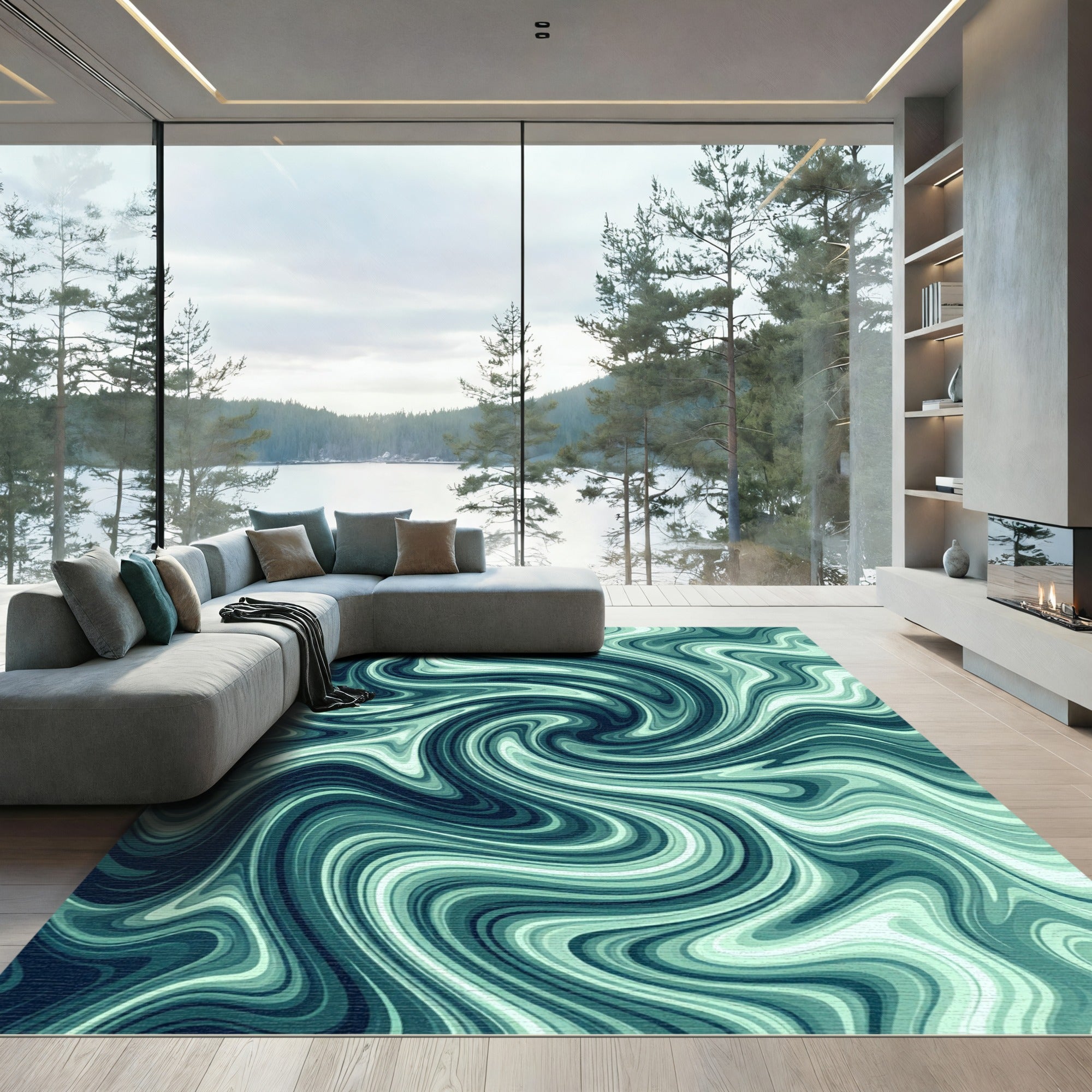 Modern Teal Abstract Liquid Swirl Rug