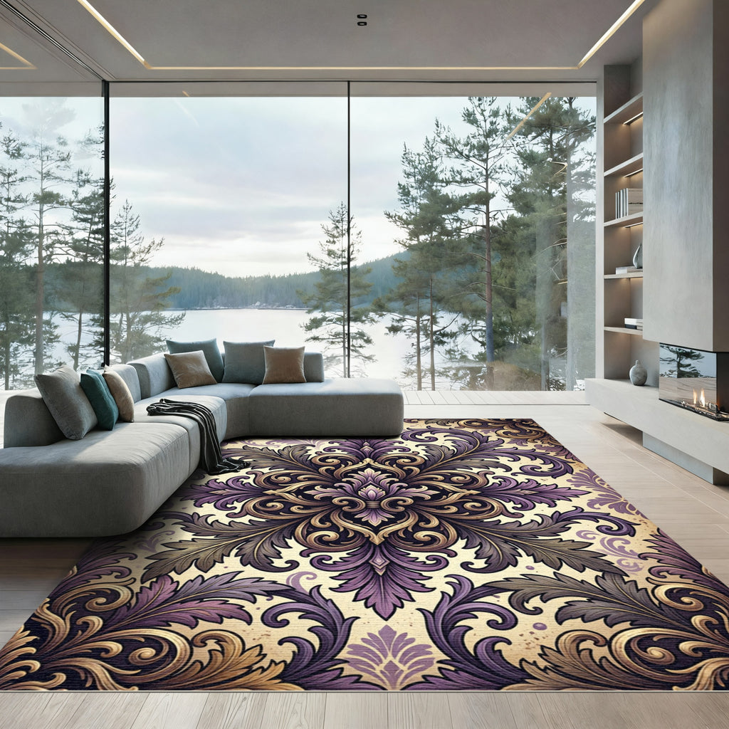 Ornate Royal Purple Gold Damask Rug