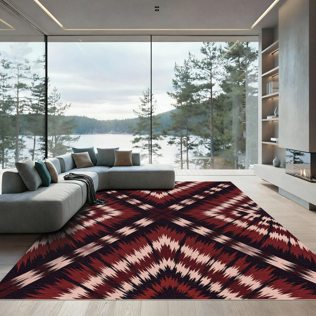 Bold Crimson Geometric Ikat Diamond Rug
