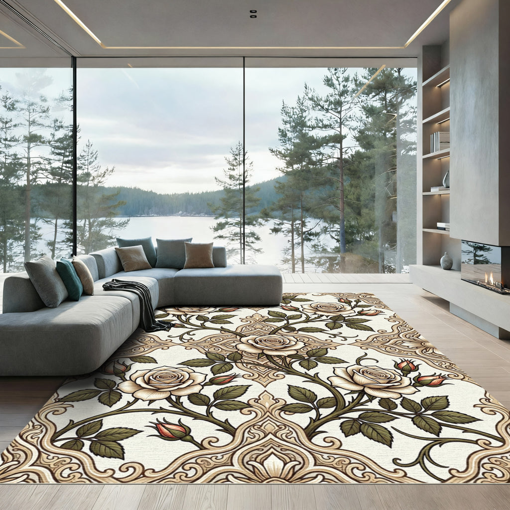 Elegant Cream Rose Floral Damask Rug