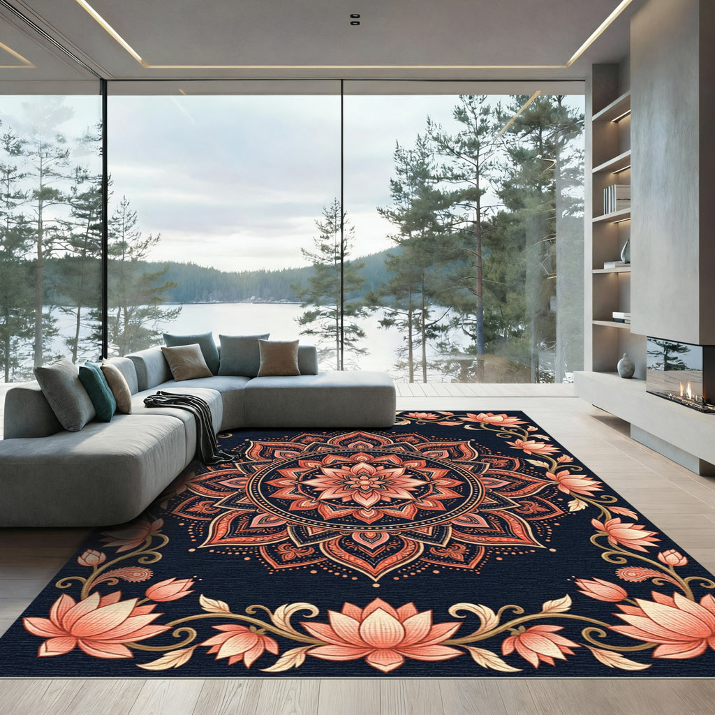 Midnight Peach Lotus Mandala Art Rug