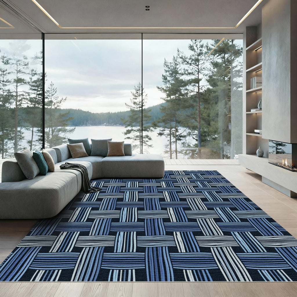 Blue Woven Grid Texture Rug