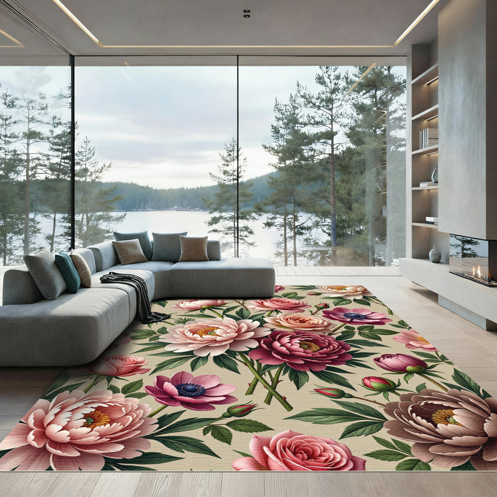Elegant Blush Peony Rose Bouquet Rug