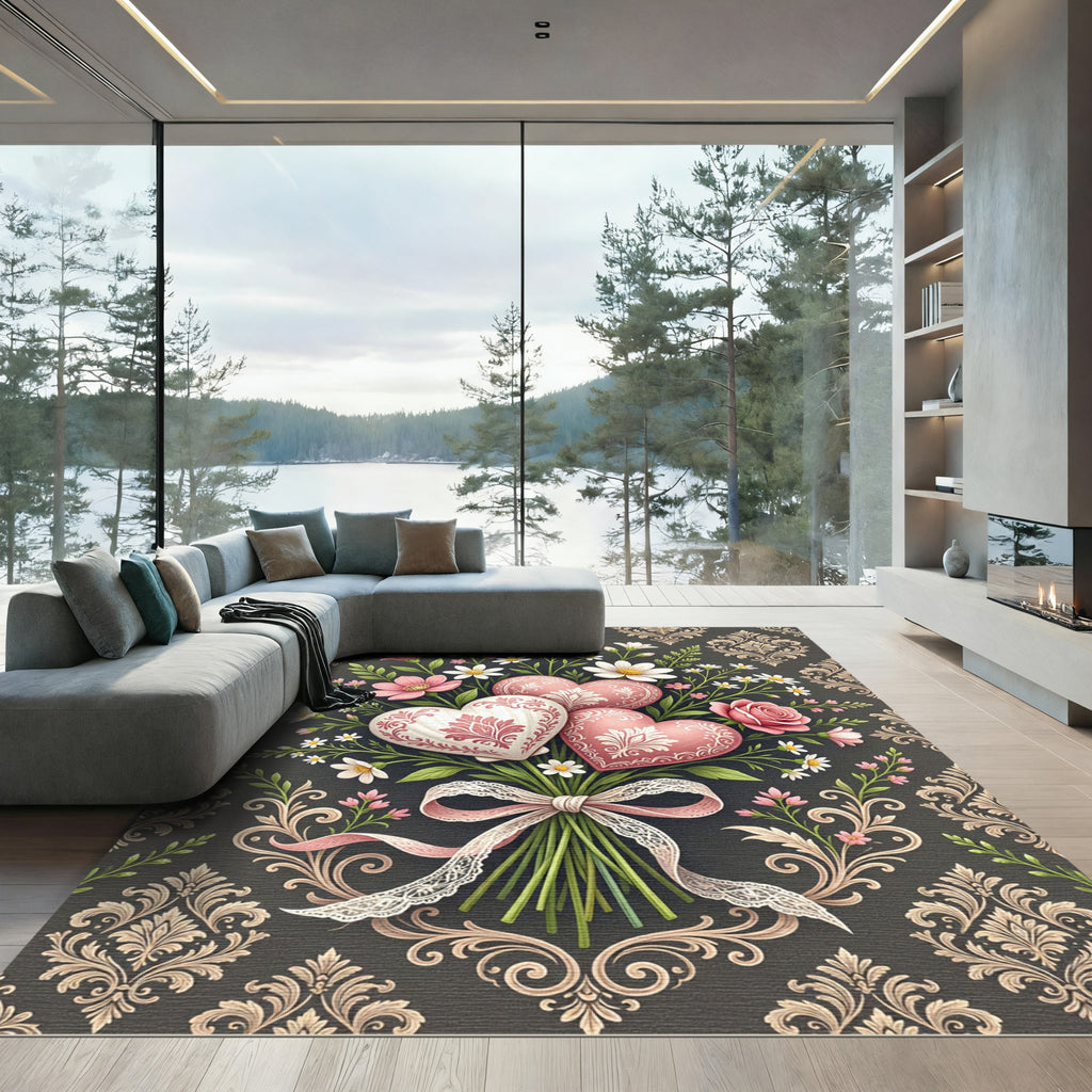 Pink Heart Floral Bouquet Damask Rug