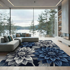 Sophisticated Navy and Silver Floral Bloom Rug
