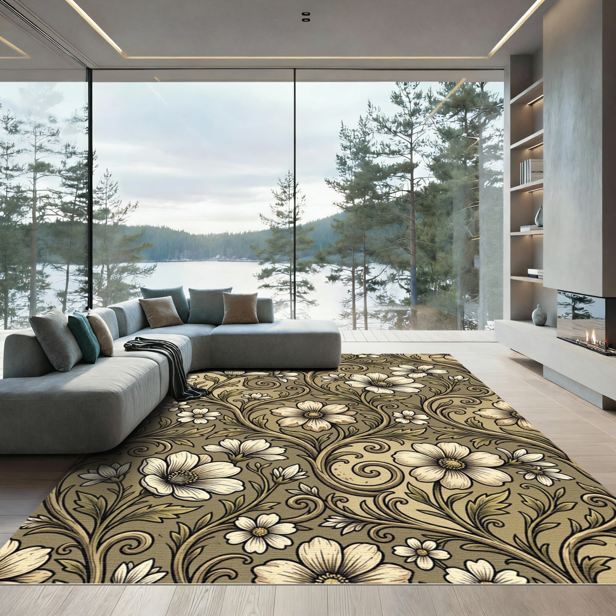 Elegant Botanical Scroll Floral Gold Rug