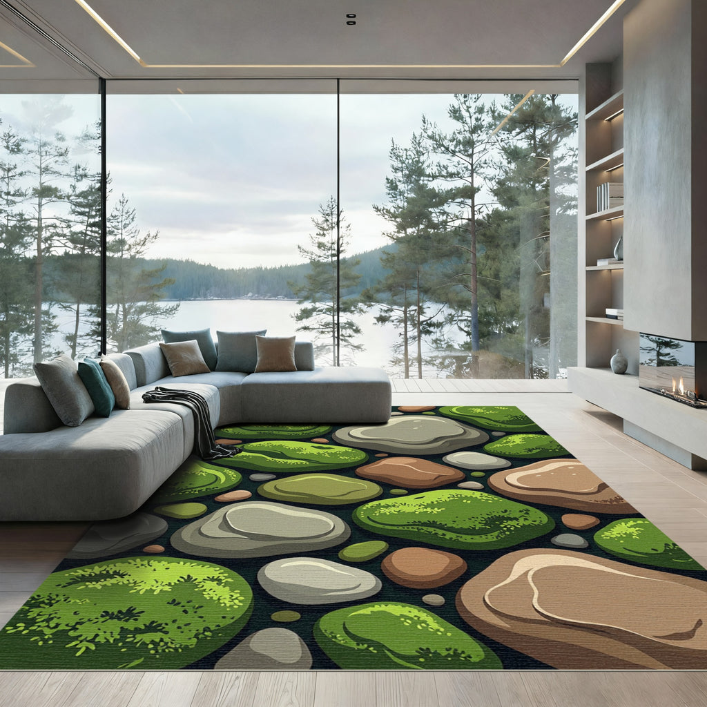 Green Mossy Pebbles Nature Composition Rug