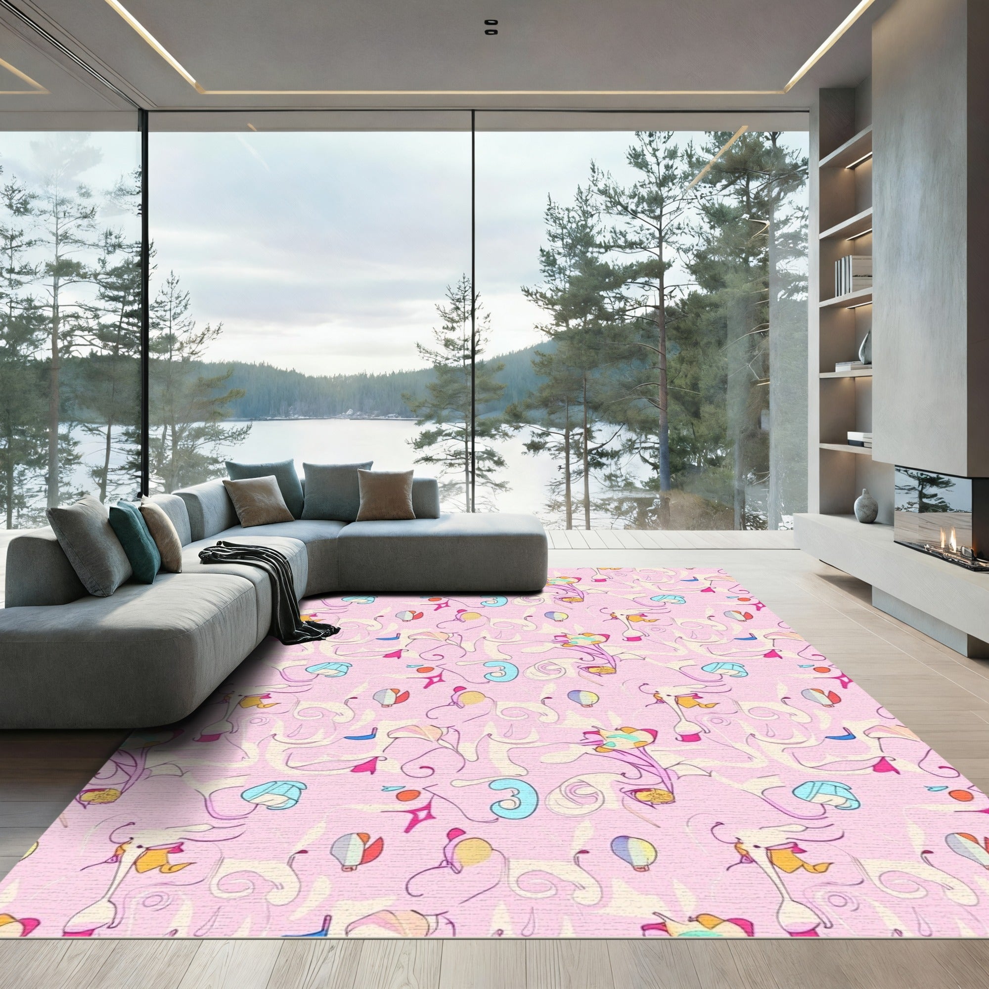 Pink Whimsical Line Art Elements Rug