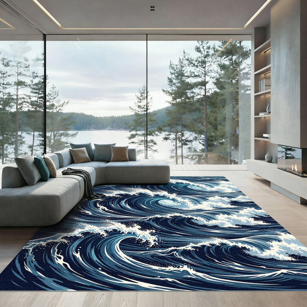Dramatic Oceanic Deep Blue Wave Rug