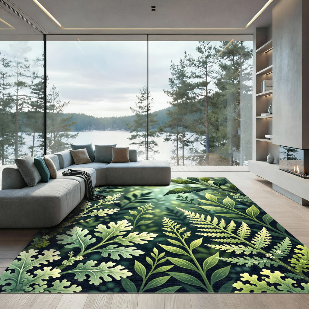 Lush Emerald Forest Botanical Foliage Rug