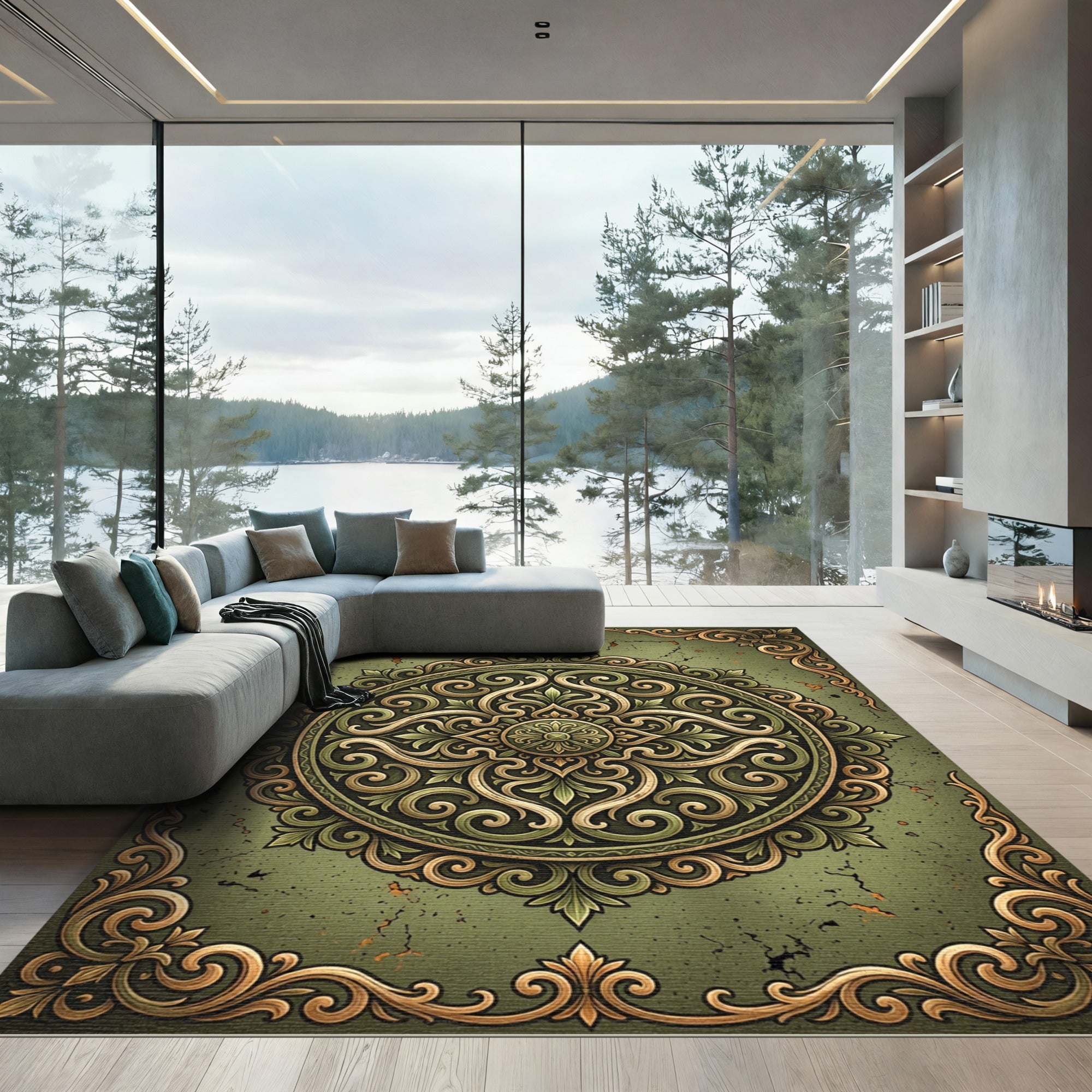 Antique Olive Ornate Filigree Medallion Rug