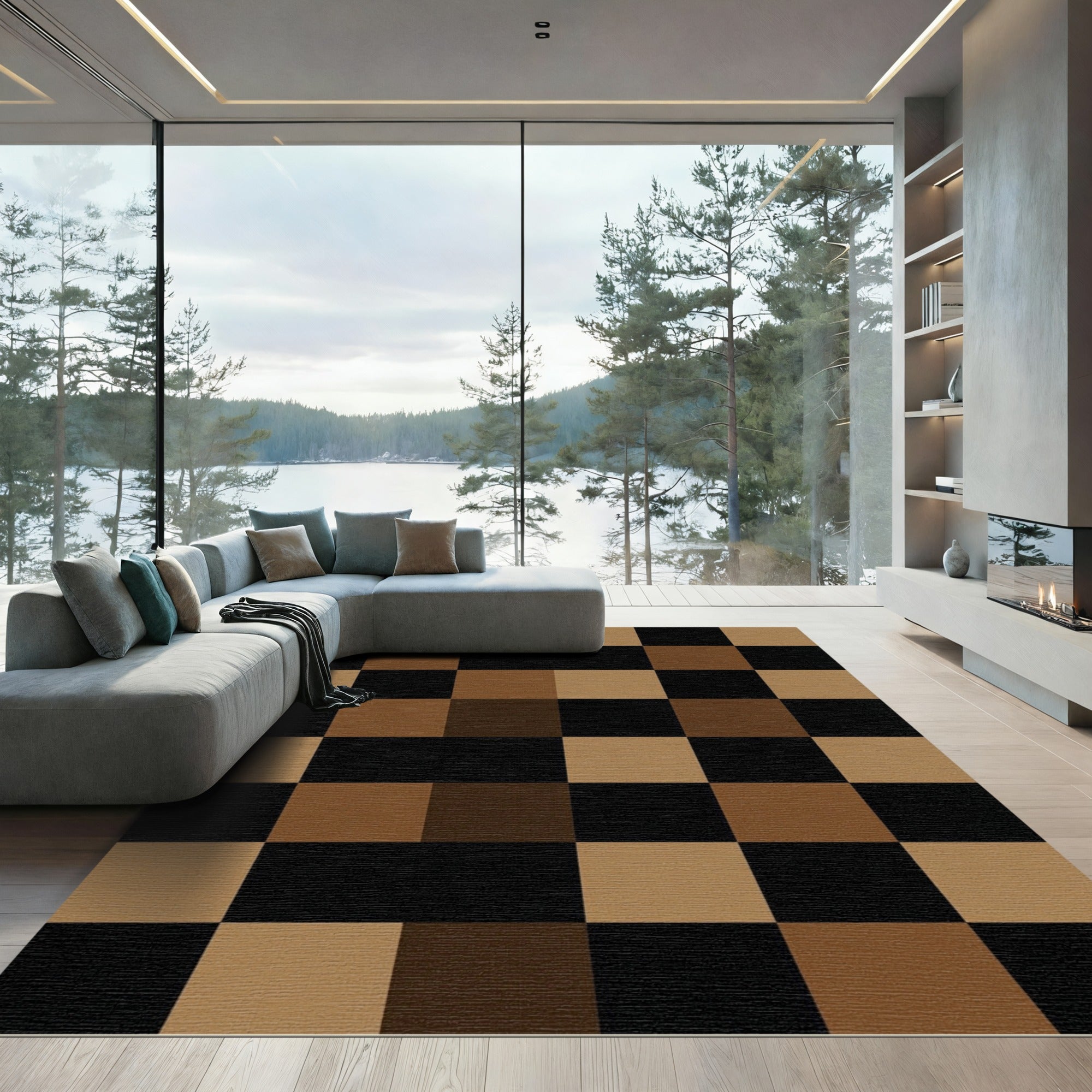 Minimalist Earthy Brown Black Checkerboard Rug