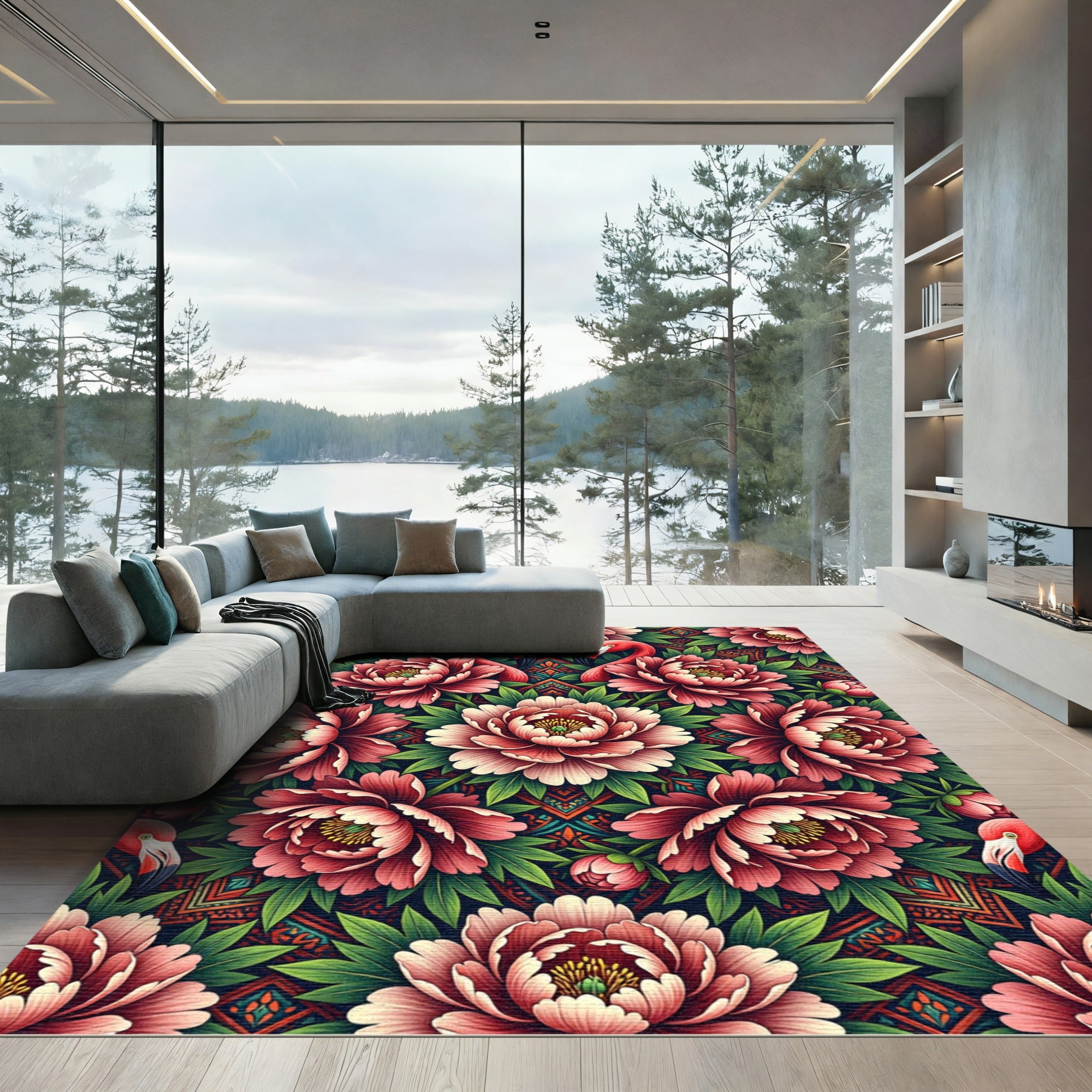 Flamingo Floral Peony Symmetry Art Rug