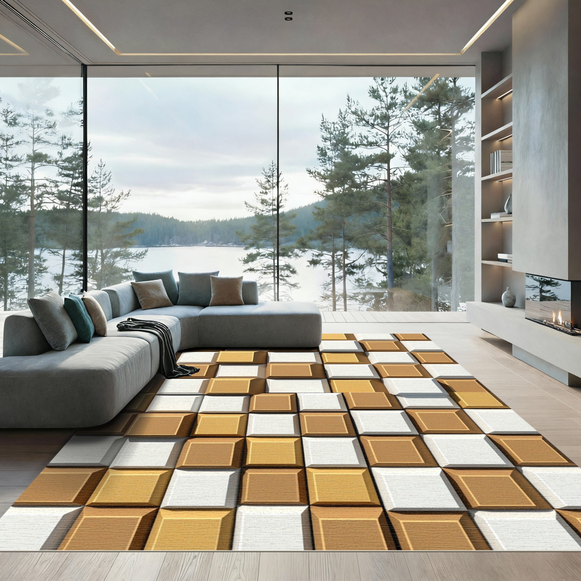 Bronze White Checkerboard Geometric Blocks Rug