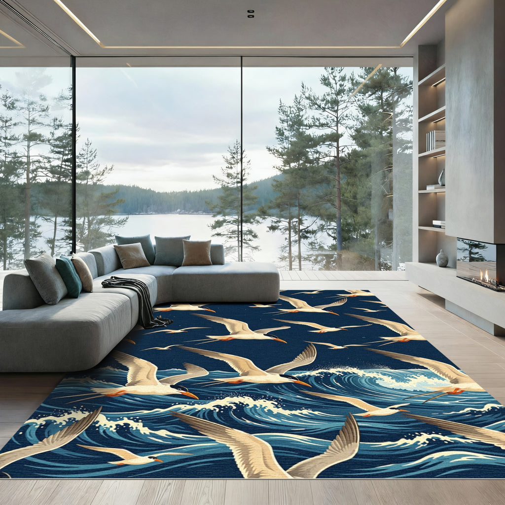 Soaring Seagulls Over Navy Ocean Waves Rug