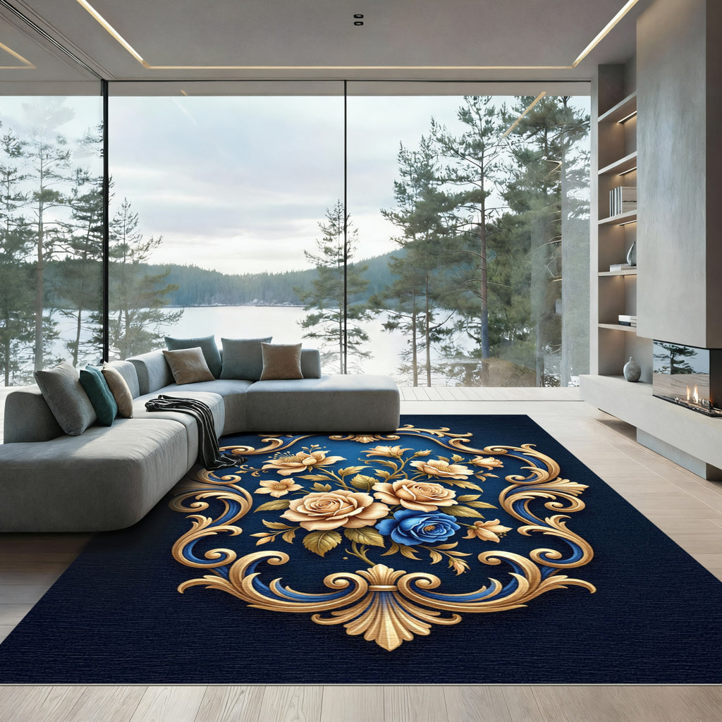 Golden Floral Baroque Midnight Blue Rug